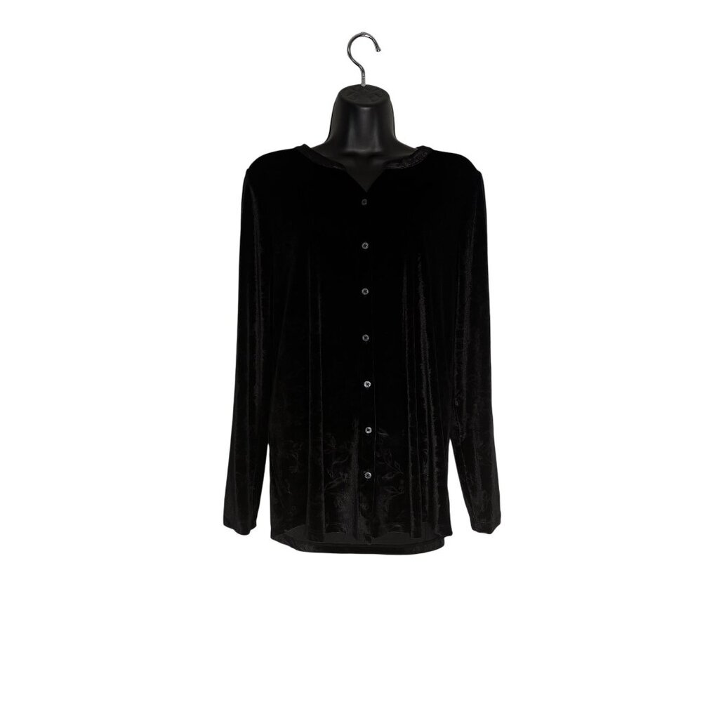 Lands End Black Velvet Floral Button-Up Womens Blouse Size S